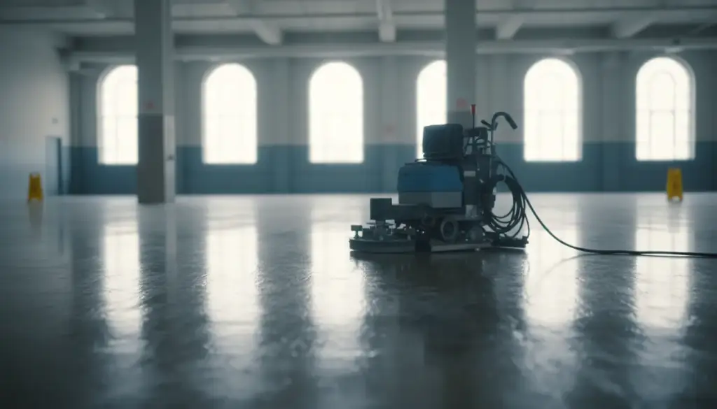 Empty hall with tall arched windows and a wet, glossy concrete floor