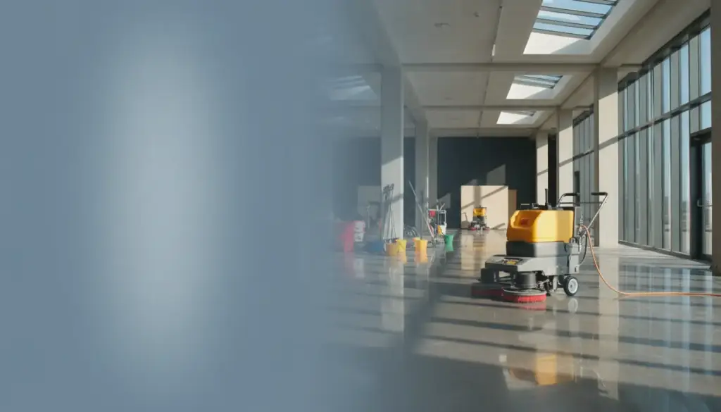 Long commercial corridor with a freshly scrubbed glossy floor and a floor scrubber parked mid-hall