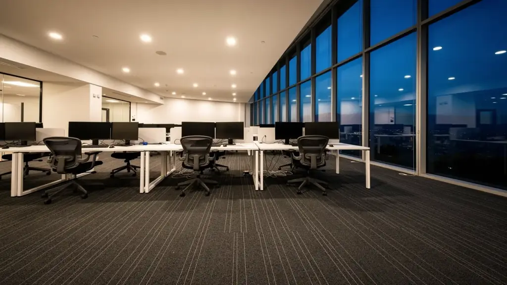 Open-plan office at dusk with cleared desks and vacuum lines in the carpet tiles