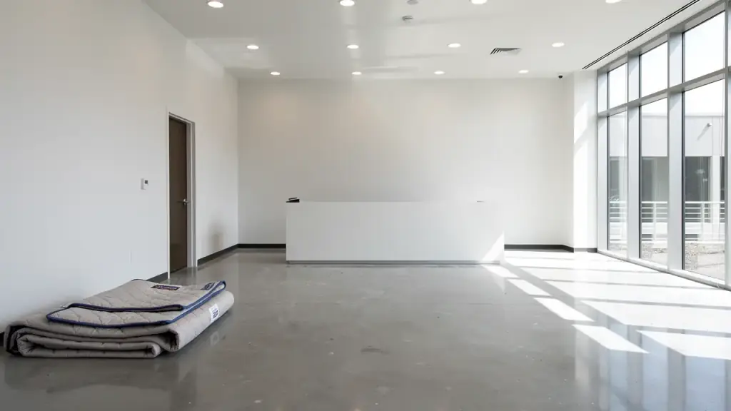 New empty office suite with polished concrete floor and sunlit windows after the final clean