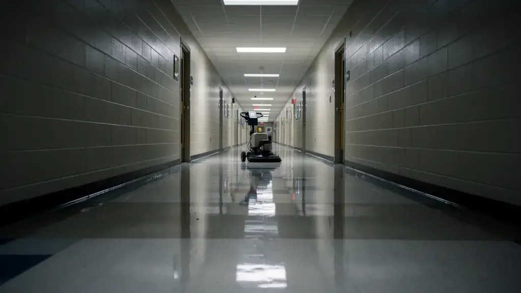 Long hallway of freshly waxed tile reflecting the ceiling light strips