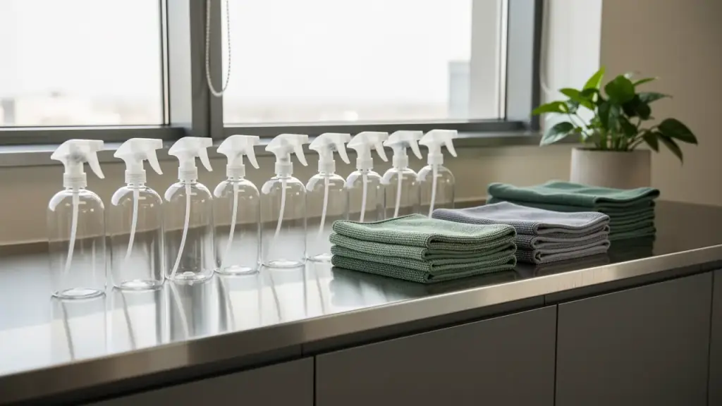 Stainless break-room counter with unlabeled refillable spray bottles and folded microfiber cloths