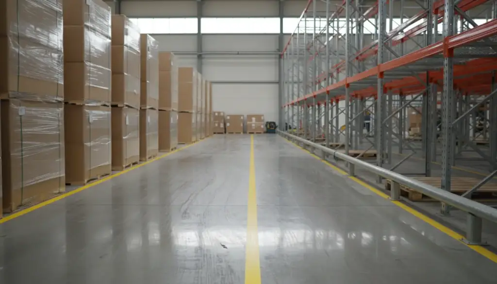 Warehouse aisle of swept sealed concrete with a yellow floor line between steel racking