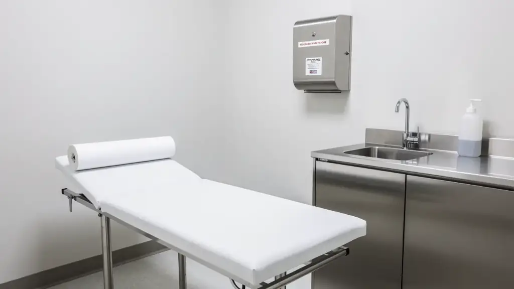 White exam room with fresh paper on the table and a wiped stainless steel sink